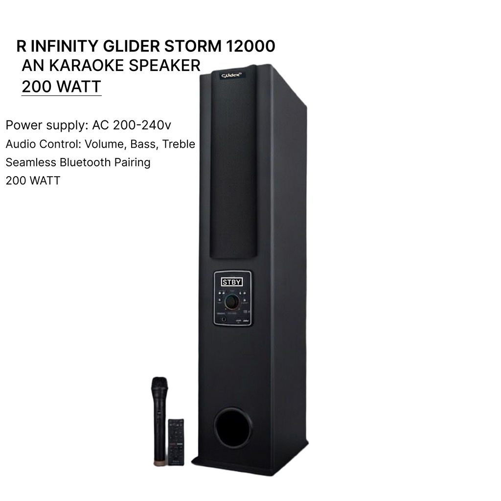 R INFINITY Storm 12000 200W Tower Speaker with Mic — 3/4 angled view