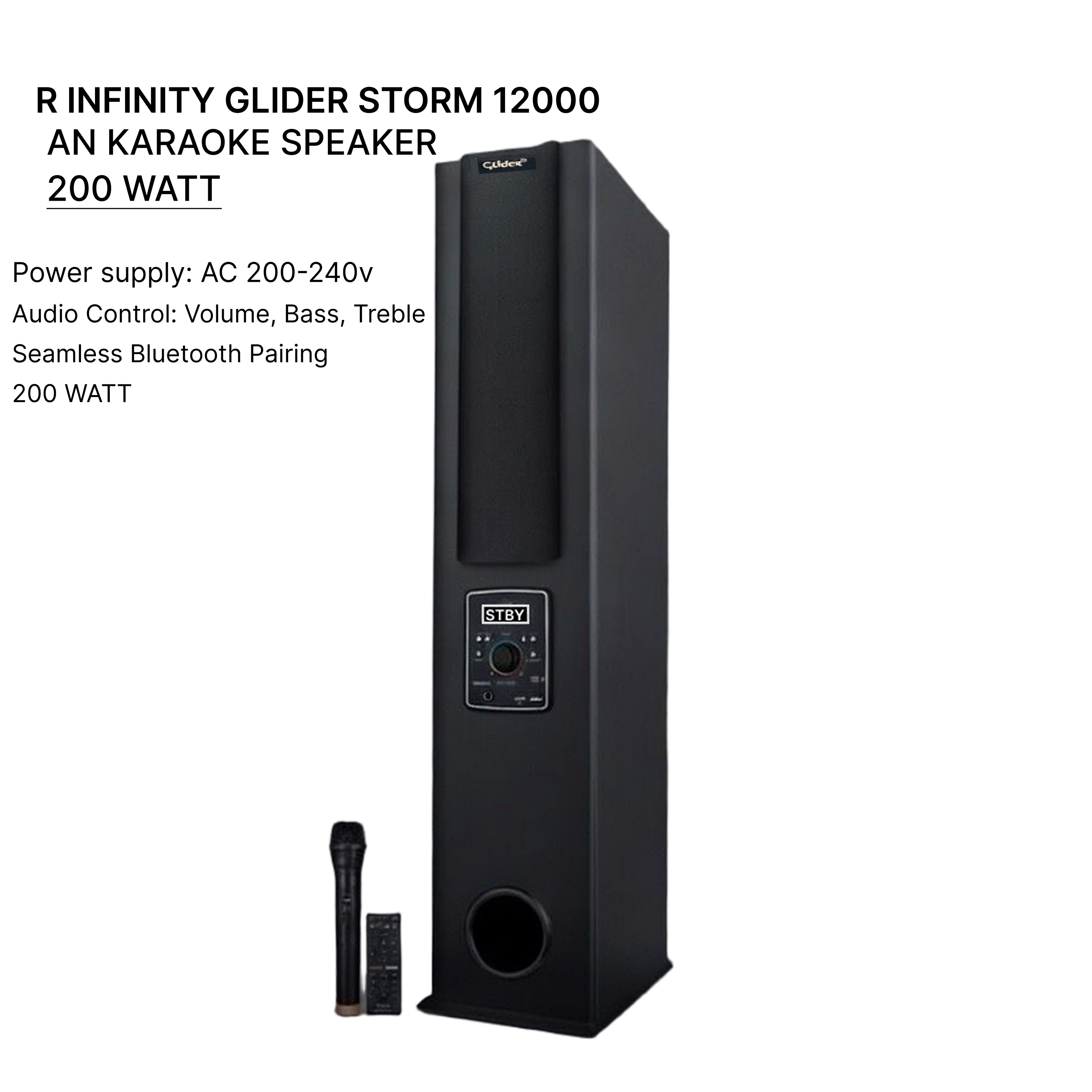 R INFINITY Storm 12000 200W Tower Speaker with Mic — 3/4 angled view