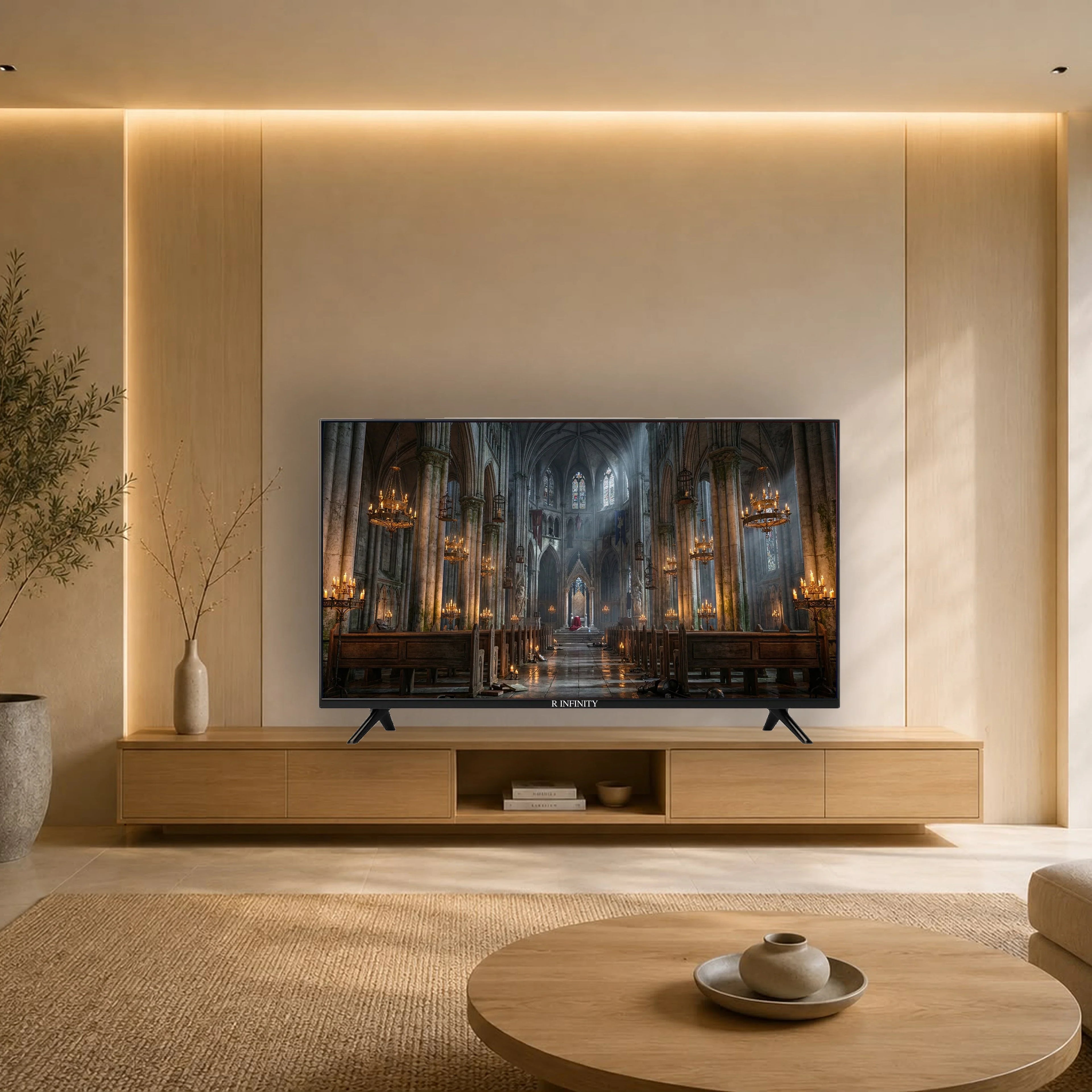 R INFINITY 55 Inch 4K HDR WebOS Smart LED TV — front view