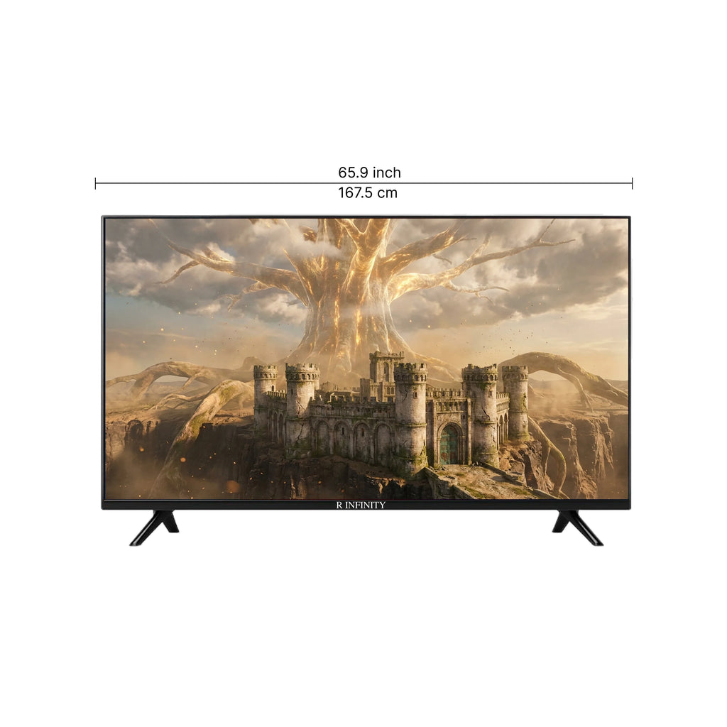 R INFINITY 75 Inch 4K HDR WebOS Smart LED TV — 3/4 angled view